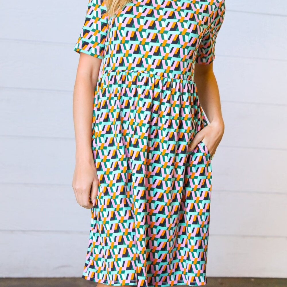 Aqua & Pink Fit & Flare Geometric Midi Dress